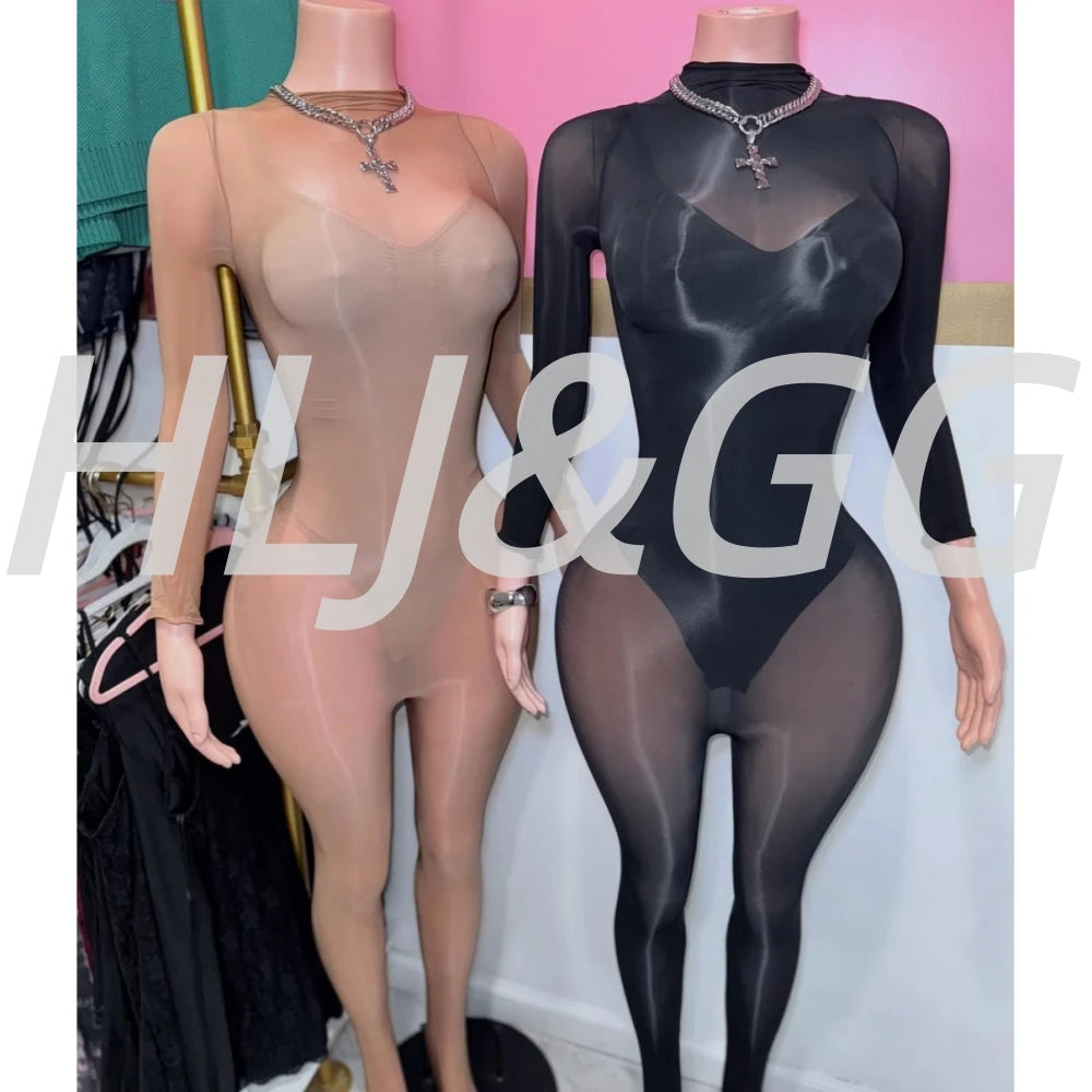 HLJ&GG Sexy Mesh See Through Bodycon Jumpsuits And Bodysuits Suits Women Long Sleeve Stretchy Playsuits Party Night Club Overall
