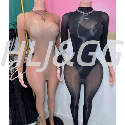 HLJ&GG Sexy Mesh See Through Bodycon Jumpsuits And Bodysuits Suits Women Long Sleeve Stretchy Playsuits Party Night Club Overall
