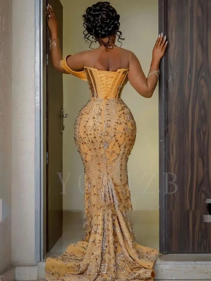 Aso Ebi Gold Prom Dresses 2025 Luxury Beads Lace Off Shoulder African Wedding Party Gala Birthday Formal Evening Gown Customized