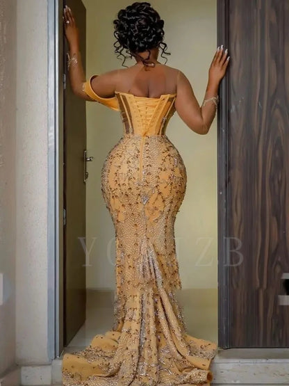 Aso Ebi Gold Prom Dresses 2025 Luxury Beads Lace Off Shoulder African Wedding Party Gala Birthday Formal Evening Gown Customized