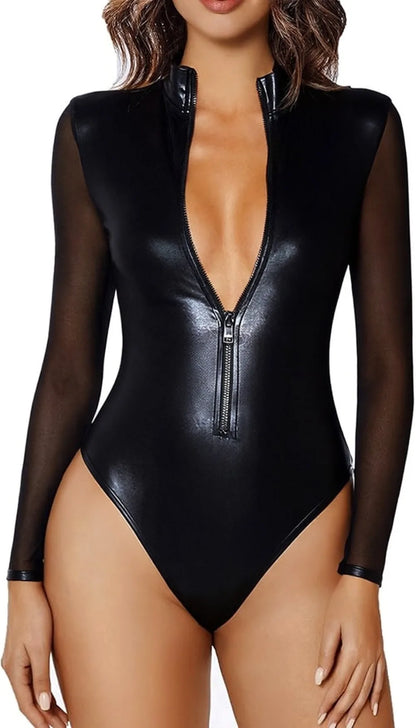 Women Leather Bodysuit Lace Up Clubwear Wet Look Teddy