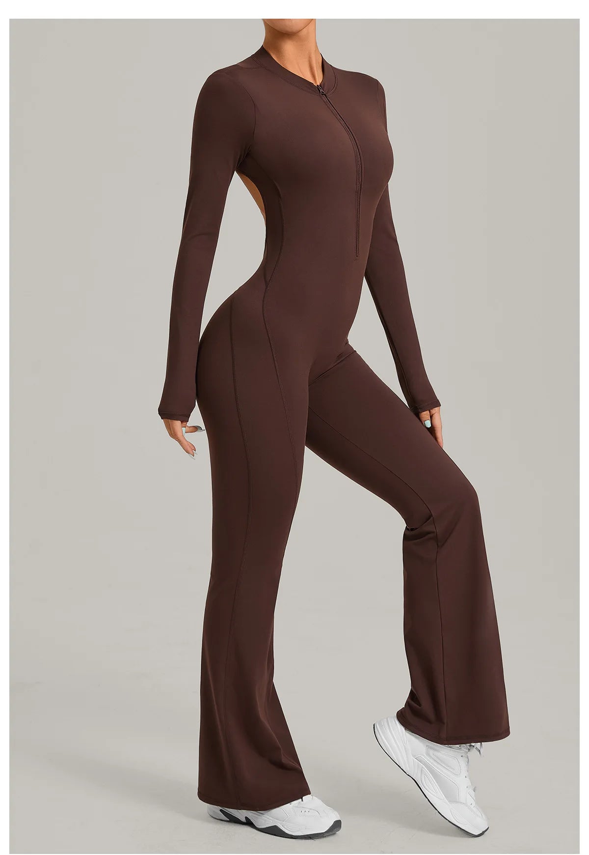 Women Long Sleeve Zip Yoga Bodysuit Cutout Back Scrunch Butt Lift Tummy Control Sweat Wicking Fabric Gym Workout Flare Jumpsuit