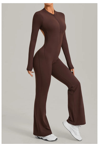 Women Long Sleeve Zip Yoga Bodysuit Cutout Back Scrunch Butt Lift Tummy Control Sweat Wicking Fabric Gym Workout Flare Jumpsuit