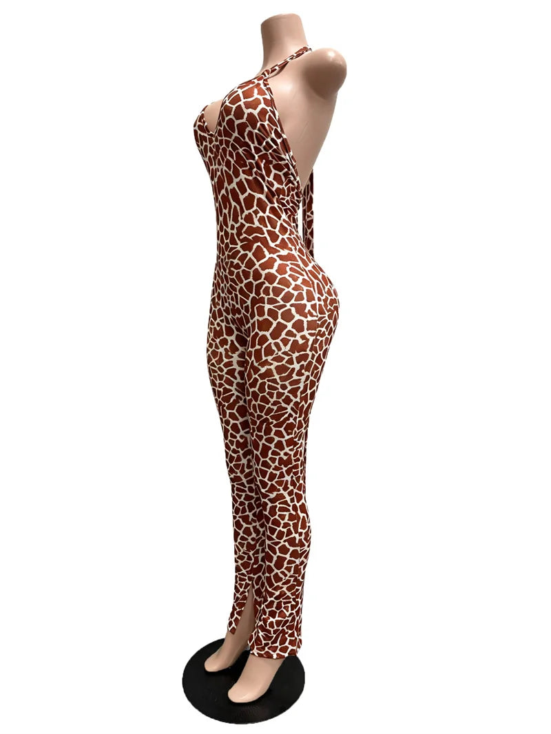 Sexy Halter Backless Bandage Jumpsuit Woman Slim V Neck Leopard Zebra Printed Jumpsuits Women Spring Summer Fashion Streetwear