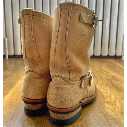 Handmade Vintage Velvet Khaki Work Boots Men's American Style Mid-Calf Retro Thick Bottom Belt Buckle Motobike Leather Boots