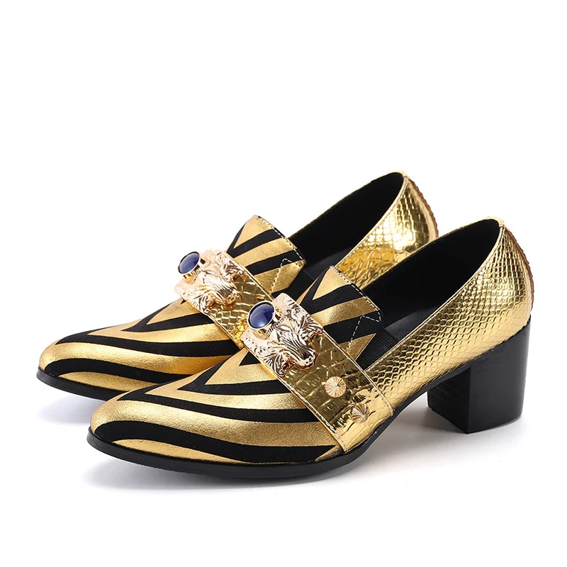 Large men's metal pointed gold rivet printed striped splicing high-heeled leather shoes club party leather formal shoes