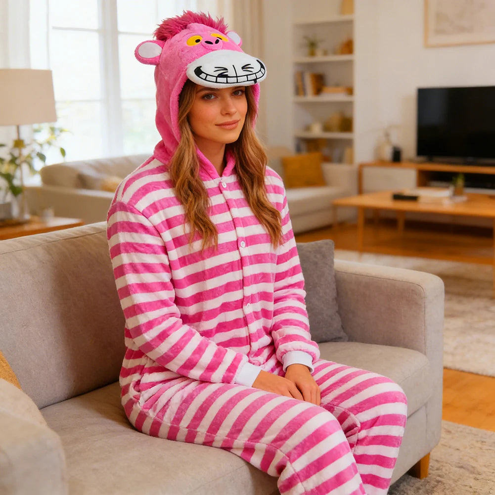 Cheshire Cat Cartoon One-Piece Pajamas Flannel Men and Women  Home Wear Autumn and Winter Home Clothing for Autumn and Winter