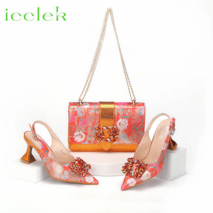 Newest Green Color Print Design High Heels Decorated with Water Rhinestone Party Women's Shoes and Bags Set