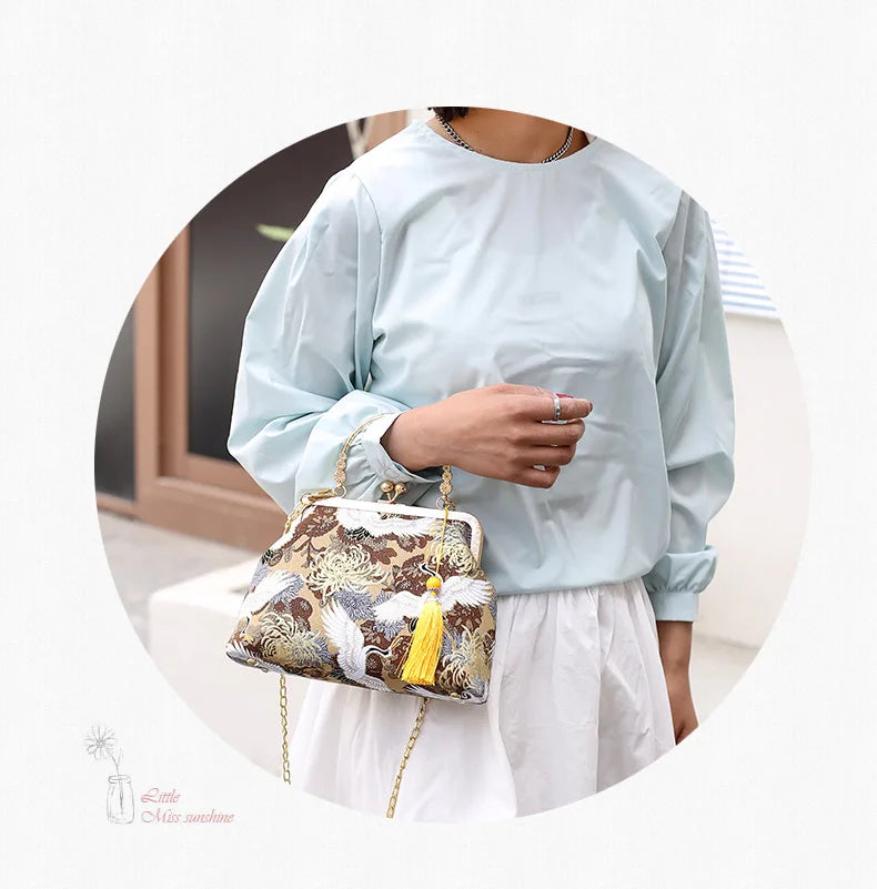 Fashion Vintage Fringe Bag Small Shell Bags Chain Women Shoulder Crossbody Bag Crane Flying Women's Handbags Purses Embroidery