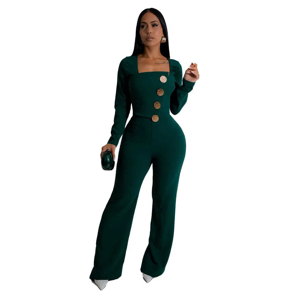 CM.YAYA Elegant Button Long Sleeve Irregular Girl Jumpsuits 2025 Spring Women's Overalls Outfits Night Club Streetwear One Piece