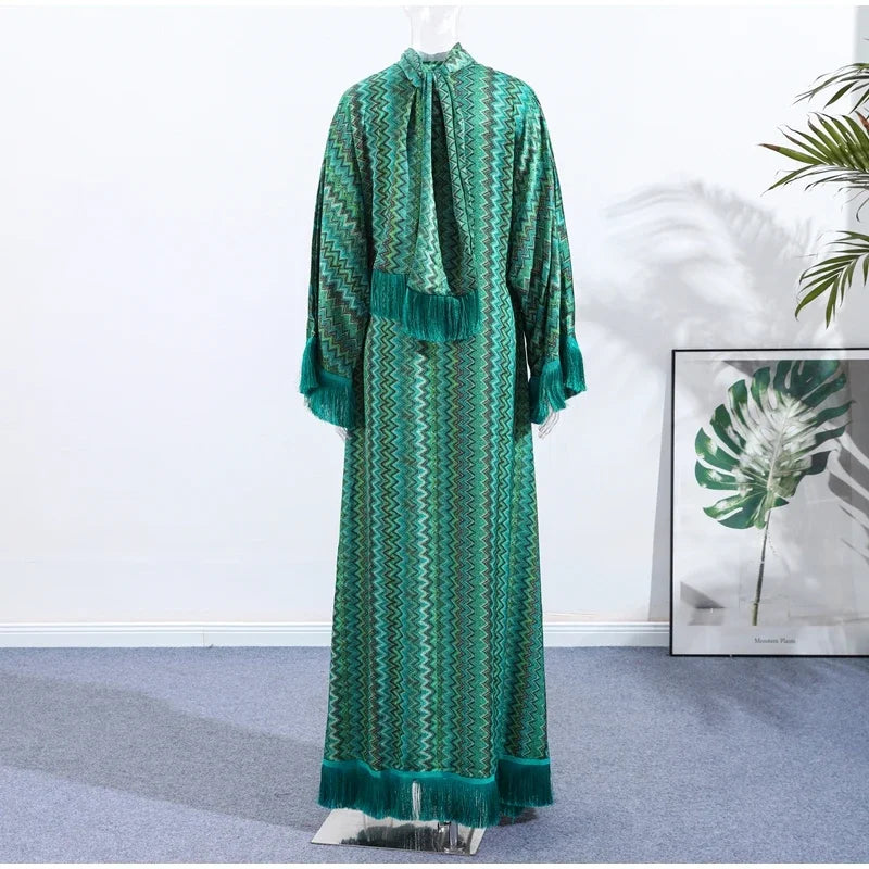 Elegant Tassel Hem Maxi Dress Women V-neck Long Sleeve with Scarf Loose Dresses 2026 NEW Spring Luxury Lady Party Evening Gowns