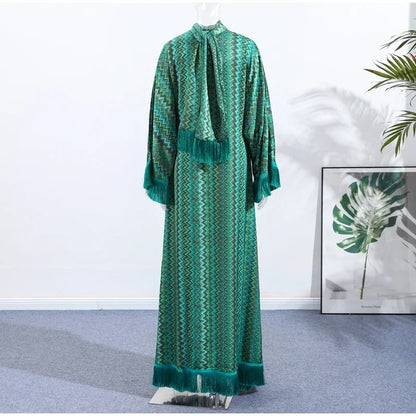 Elegant Tassel Hem Maxi Dress Women V-neck Long Sleeve with Scarf Loose Dresses 2026 NEW Spring Luxury Lady Party Evening Gowns