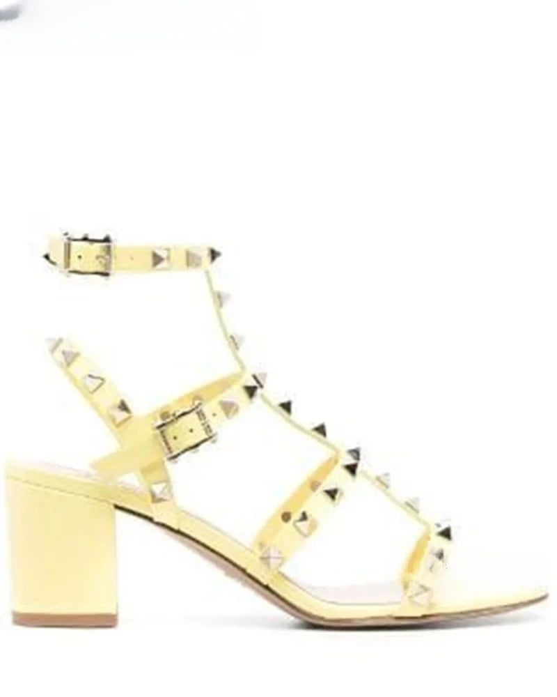 Rockstud Open Toe Block Heel Sandals Luxury Designer Ankle Straps Chunky Heels Women Summer Colorful Leather Pumps Dress Shoes