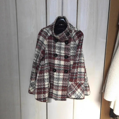 Winter Woole Coats Elegant Warm Plaid Stand Collar Pocket Coat Fashion Loose Coats Versatile Casual Female Jacket New Outerwear
