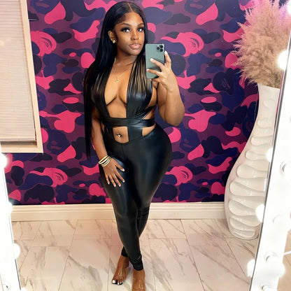 Sexy Bandage Leather Jumpsuits Woman 2025 Winter Fall Party Club Elegant Bodycon Luxury One Piece Jumpsuit Bodysuit Playsuit