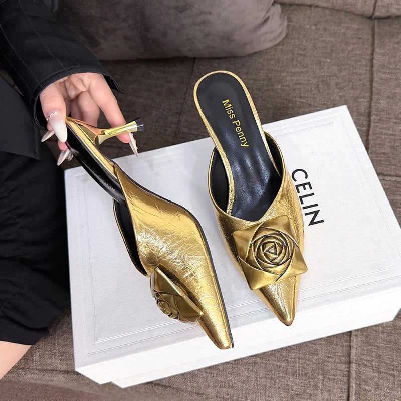 Women High Heels Slippers Summer New Luxury Fashion Gold Flower Decoration Modren Sandals Ladies Pointed Toe Mules Shoes Slides