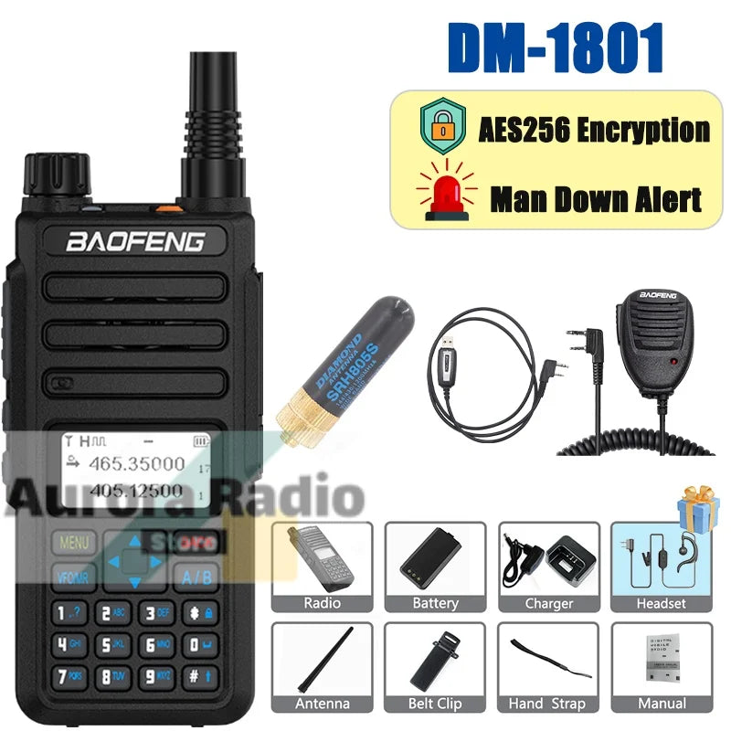 Baofeng DM-1801 DMR Walkie Talkie AES256 Man Down VHF UHF Digital & Analogy Dual Time Slot Roaming Recording 1024 Channel Radio