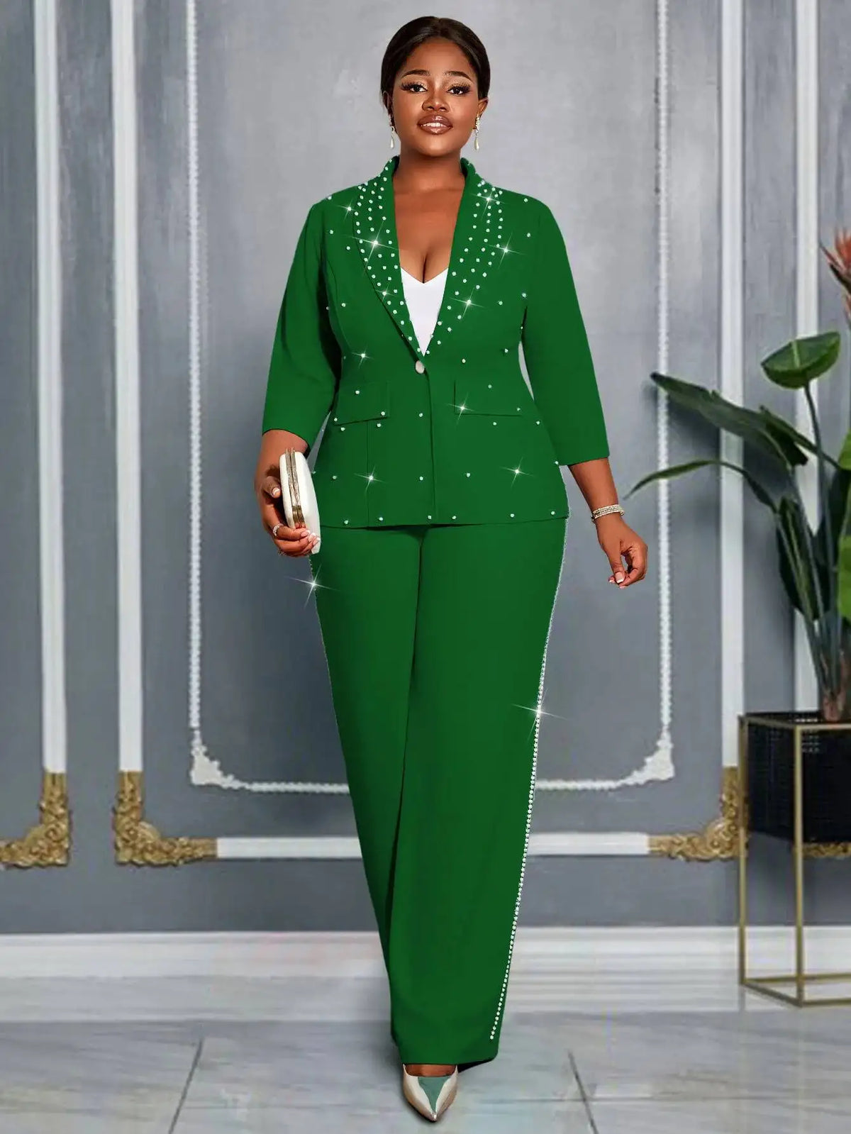 Plus Size Women's Green Beaded Blazer Suit Three-quarter Sleeve Top + Wide-leg Pants Elegant Two-piece Set Casual Y2K Two Piece