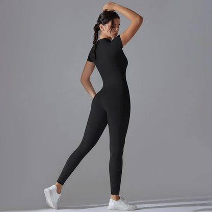 Womens Jumpsuits Short Sleeve Yoga Slim Fit Stretch One Piece Romper Sexy Fitness Female Basic Sportwears Black Zipper Ladies