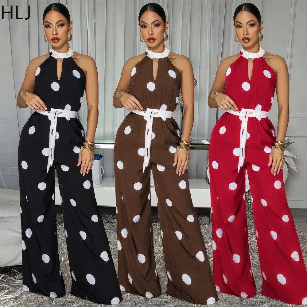 HLJ Retro Polka Dot Printting Bodycon Jumpsuit Women Halter Sleeveless Backless Rompers Casual Vacation Party Ladies Outfits New