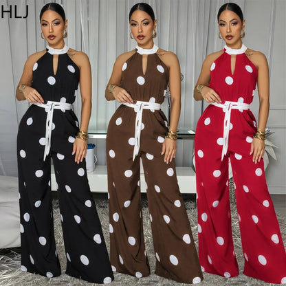 HLJ Retro Polka Dot Printting Bodycon Jumpsuit Women Halter Sleeveless Backless Rompers Casual Vacation Party Ladies Outfits New
