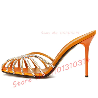 Gemstone High Heel Silk Slippers Women Luxury Caged Stiletto Heels Metallic Slippers Ladies Stylish Cross Strap Summer Shoes