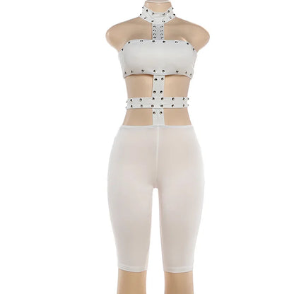Sexy Halter Neck Cutout Bodycon Jumpsuit Women 2026 Summer Solid Studded Hollow Out Biker Short Romper Party Clubwear Outfits