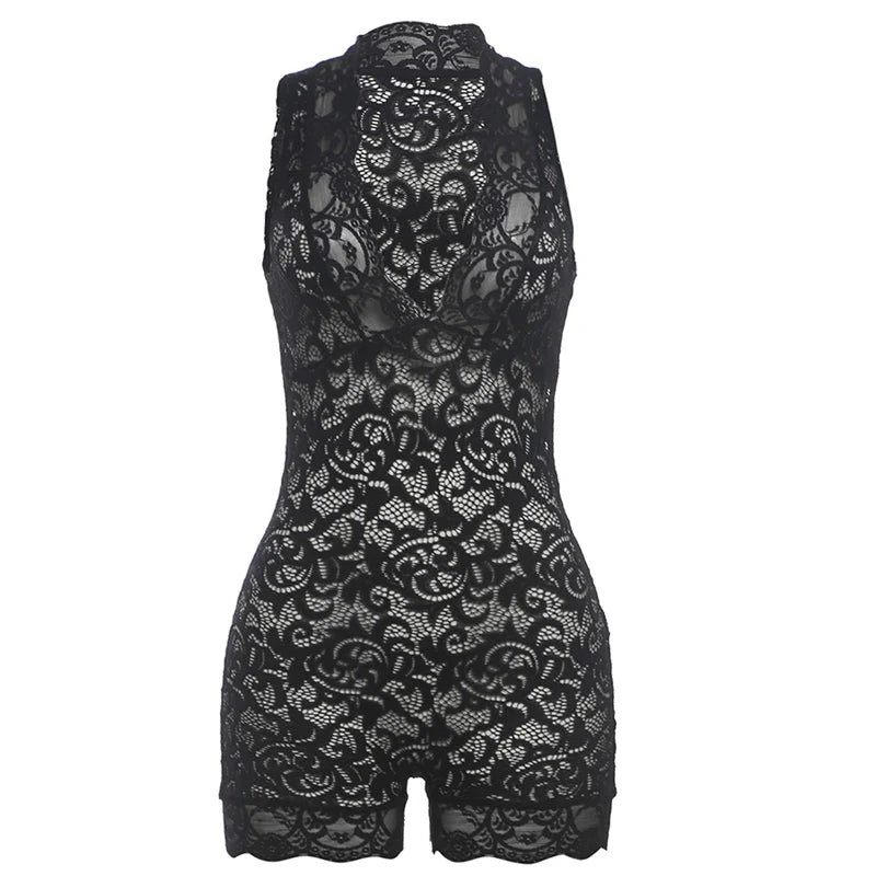 Weird Puss Sexy See-Through Rompers Woman Summer Lace V-Neck Thin Solid Sleeveless Low-Neck Stretch Peach Hip Skinny Playsuit