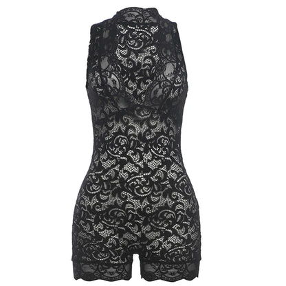 Weird Puss Sexy See-Through Rompers Woman Summer Lace V-Neck Thin Solid Sleeveless Low-Neck Stretch Peach Hip Skinny Playsuit