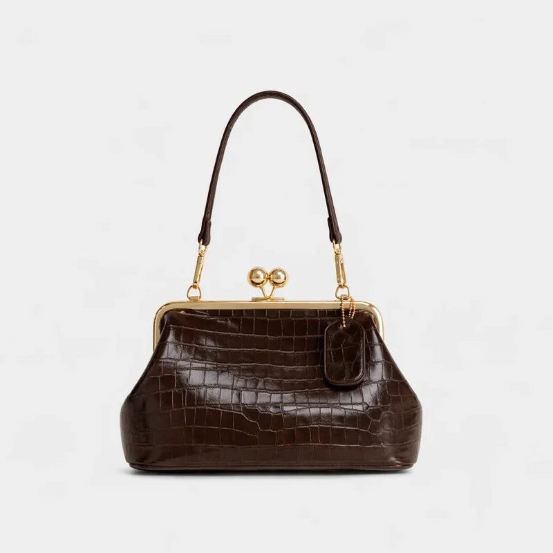 2026 Retro Leather & Straw Woven Bag – Kiss Lock Frame Shell Clutch, Large Capacity Shoulder Tote for Commute Beach Evening