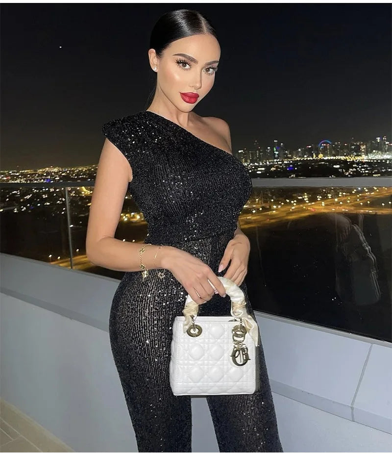 Women Elegant Long Jumpsuits Slanted Collar Party 2026 Sexy Glitter Sequin Club Playsuits Fashion Backless Solid Romper