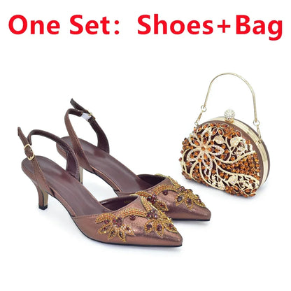 New Fashion Women Shoes and Bags To Match Set Nigeria Party Full Diamond Decoration Metal Closure Shoes for Party Luxury Pumps