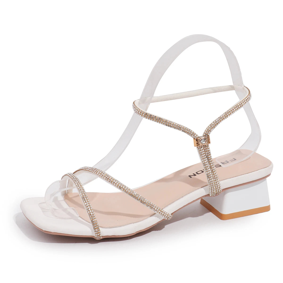 Elegant Square Toe Medium Heel Woman's Sandals Women Summer 2026 Luxury Rhinestore Strap Sandals Plus Size Woman Designer Shoes