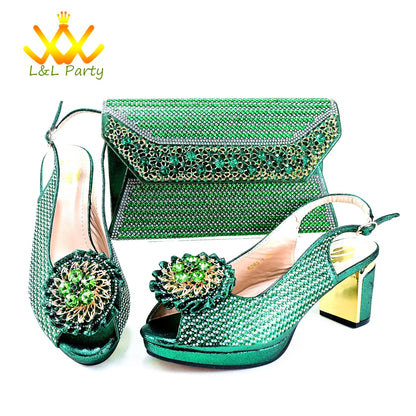2024 Special New Arrivals Italian Women Shoes and Bag to Match in Green Color with Platform Shinning Crystal Sandal for Wedding