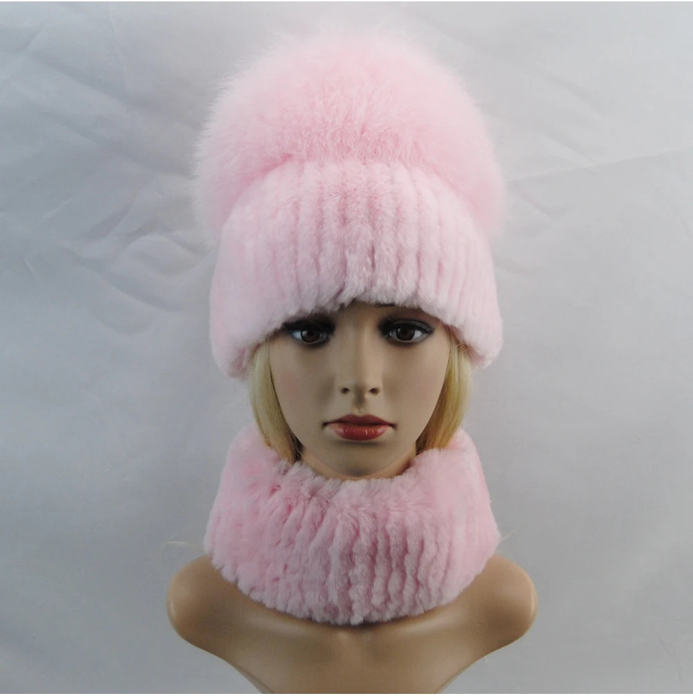 New Winter Lady Brand Hand Make Real Genuine Fox Fur Hat Scarf Girls Natural Real Rex Rabbit Fur Ring Cap Real Fur Scarves Hats