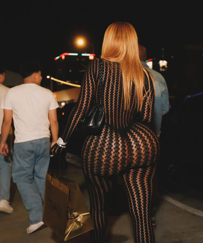 Y2K Sexy See Through Jumpsuit Woman Night Rave Club Party Striped Mesh Romper One Pieces Skinny Stretchy Bodycon Catsuit Clothes