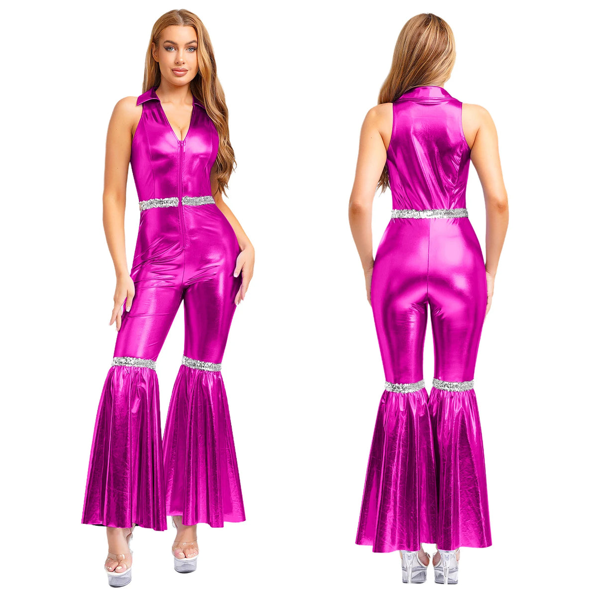 Women Vintage One Piece 70s Disco Dance Rompers Sleeveless Metallic Bell Bottom Flared Pants Jumpsuit for Retro Party Jazz Dance