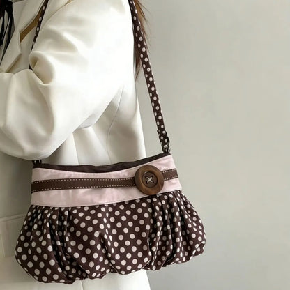 Pleated Design Dumpling Bag Retro Polka Dot Wooden Button Decor Handbag Soft Striped Shoulder Bags Pattern Casual Commuter Bag