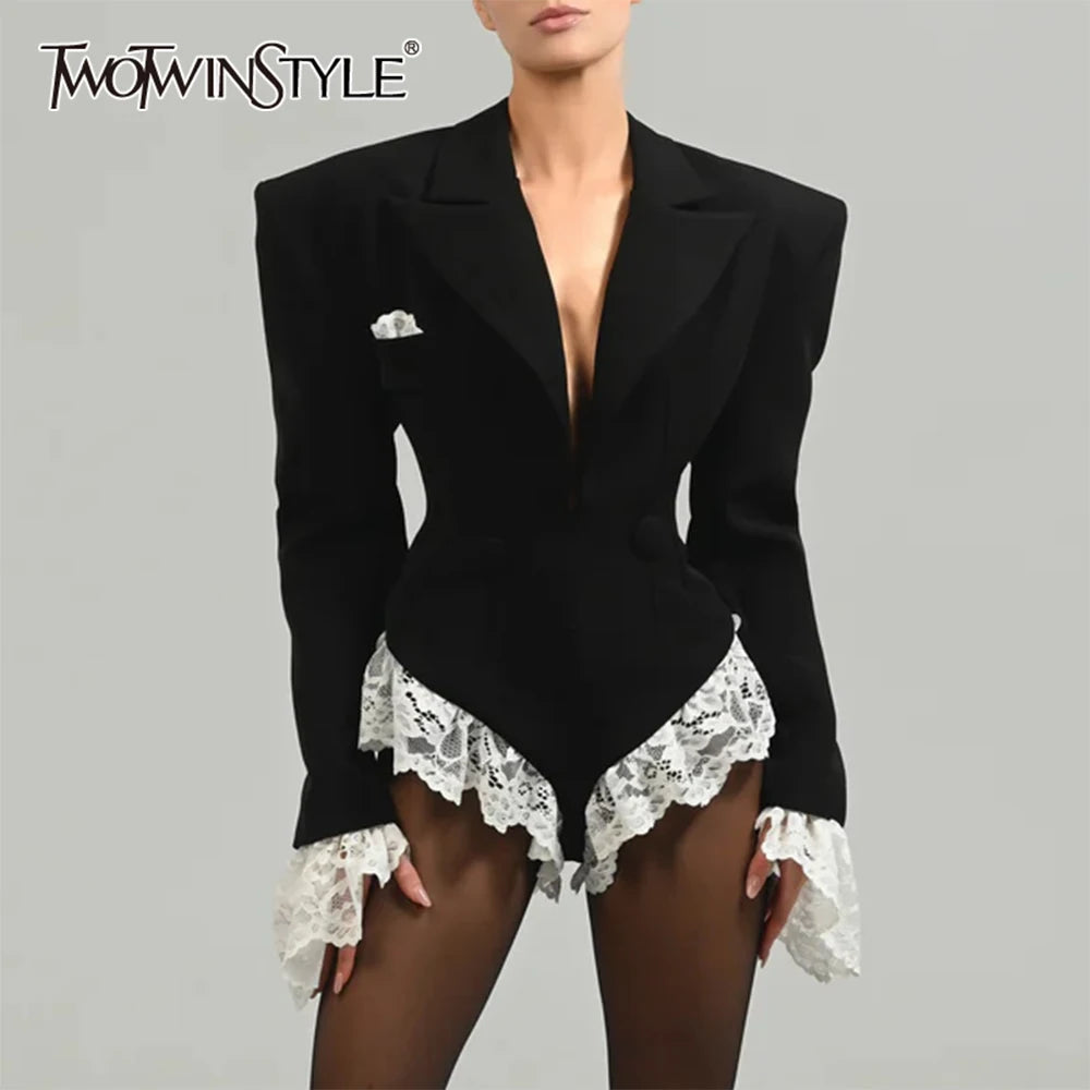 TWOTWINSTYLE Patchwork Lace Jumpsuits For Women Notched Collar Long Sleeve Tunic Sexy Slimming Hit Color Jumpsuit Female Fashion