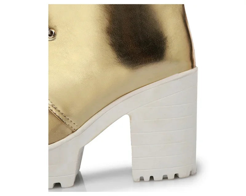 British Silver Gold Ankle Boots Women High Chunky Heels Dress Lady Round Toe Lace-up Spring Autumn Vintage Platform Short Boots