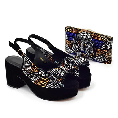 Nigeria Ladies Shoe and Bag Set Decorated with Rhinestone Block Heel Comfortable Platform Pumps Luxury Designer Shoes Women