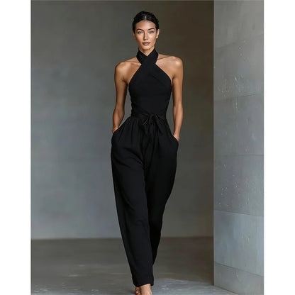 2026 High Waist Tie-up Wide Leg Pants Jumpsuit Woman Sexy Criss Cross Halter Backless Zips Romper Summer Solid Office Overalls