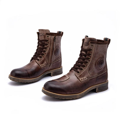 Men's Motorcycle Boots Retro Leather Lace Up Side Zipper Water Resistant Rubber Sole Casual Riding Ankle Boots for Street Travel