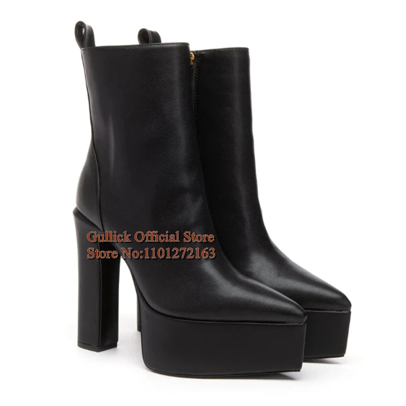 Sexy Pointed Toe Platform Chunky Heels Women Ankle Boots Black Matte Leather Side Zipper Block Heels  Short Booties