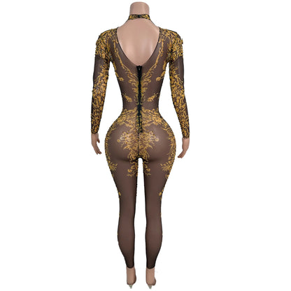sexy long sleeves night club party rhinestone jumpsuits women birthday prom bodycon rompers show dance bodysuit festival outfit