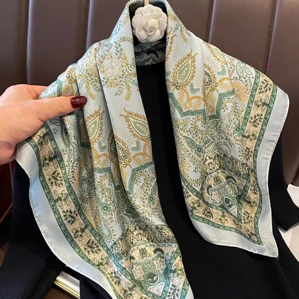 Luxury Satin Paisley Print Silk Scarf Bohemian Multi-Use Shawl High-Quality Bandana Edge Headscarf Commuting Travel Decorative