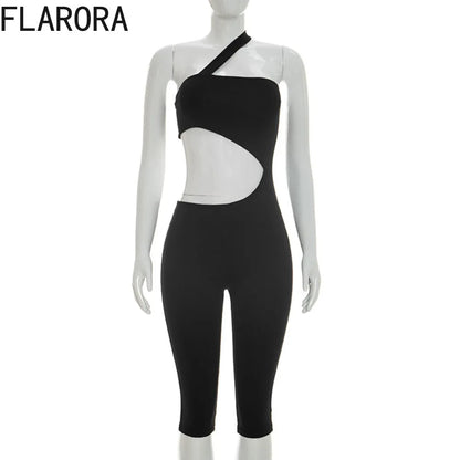 FLARORA Sexy Hollow Backless Jumpsuits Woman Hipster Halter Diagonal Collar Sleeveless Skinny Peach Hip Hottie Street Overalls