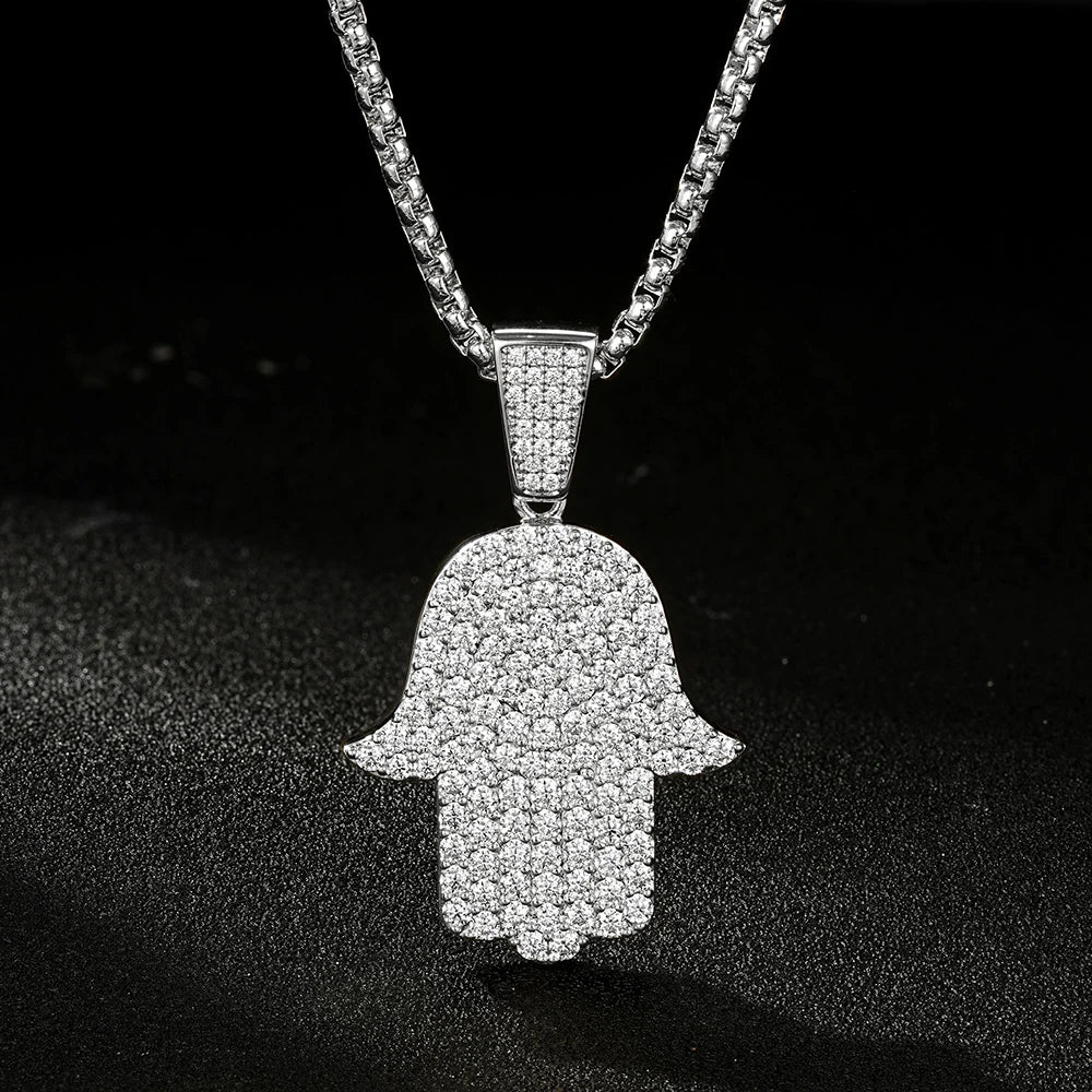 Rrjzz Full Moissanite Hip Hop Iced Out Thick 3mm Round Box Chain Palm Pendant Mens Necklace Street Style Party Fine Jewelry Gift