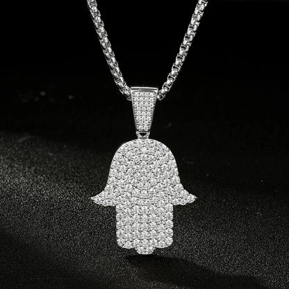 Rrjzz Full Moissanite Hip Hop Iced Out Thick 3mm Round Box Chain Palm Pendant Mens Necklace Street Style Party Fine Jewelry Gift