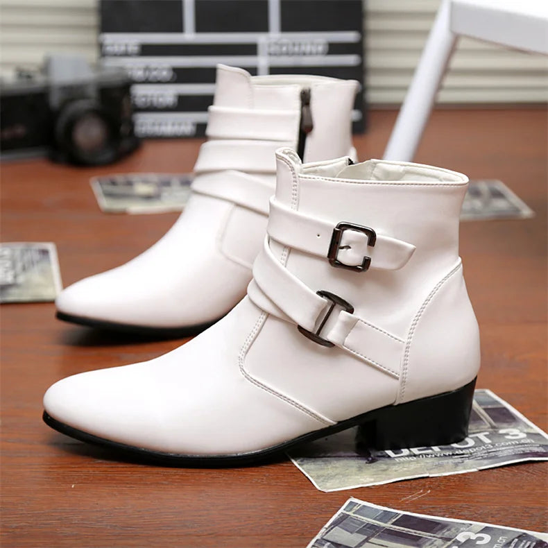 Leather Chelsea Boots Men Designer 2024 White Dress Boots Men Casual High top Buckle Strap Formal Shoes Men Motorcycle Boots